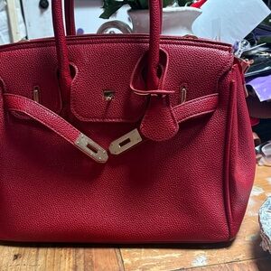 Red Structured Leather Tote Bag